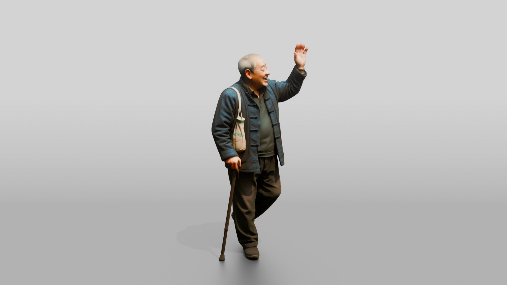Elderly Chinese Man Waving While Walking with Cane