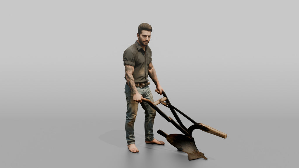 Farmer Holding Traditional Iron Hand Plow