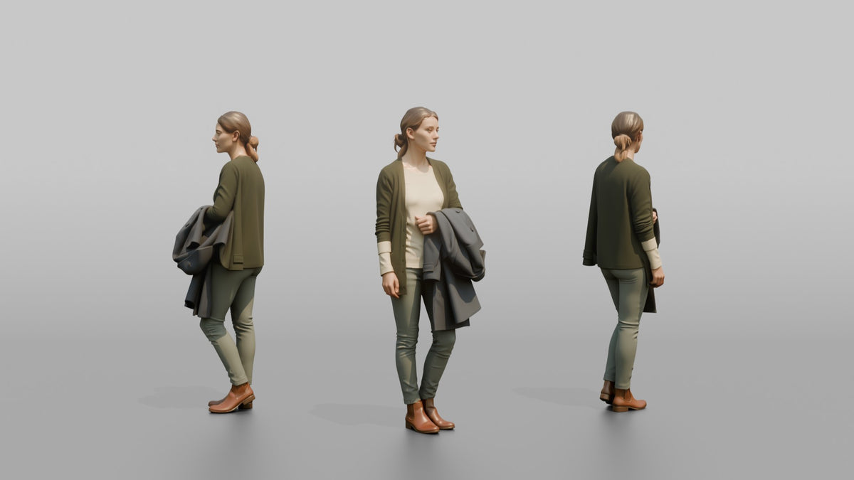 Woman Customer Holding A Coat Over One Arm While Browsing - 3D character model, view 1