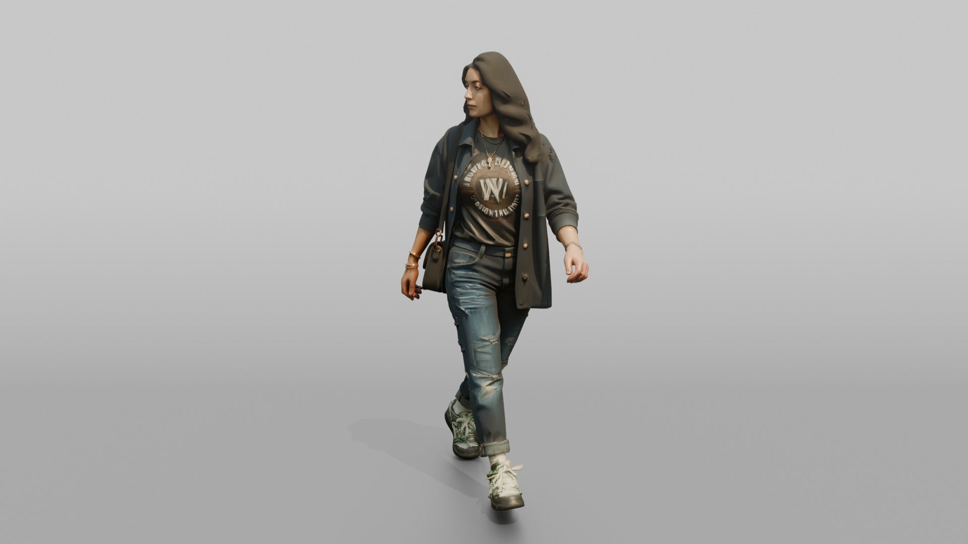 Young Woman in Dark Jacket Walking with Crossbody Bag