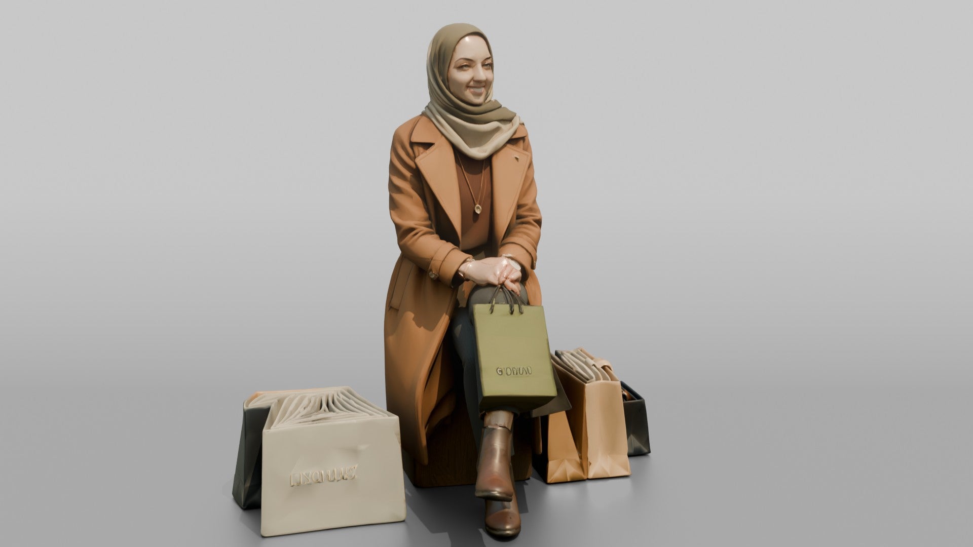 Hijab Woman in Camel Coat Sitting with Shopping Bags