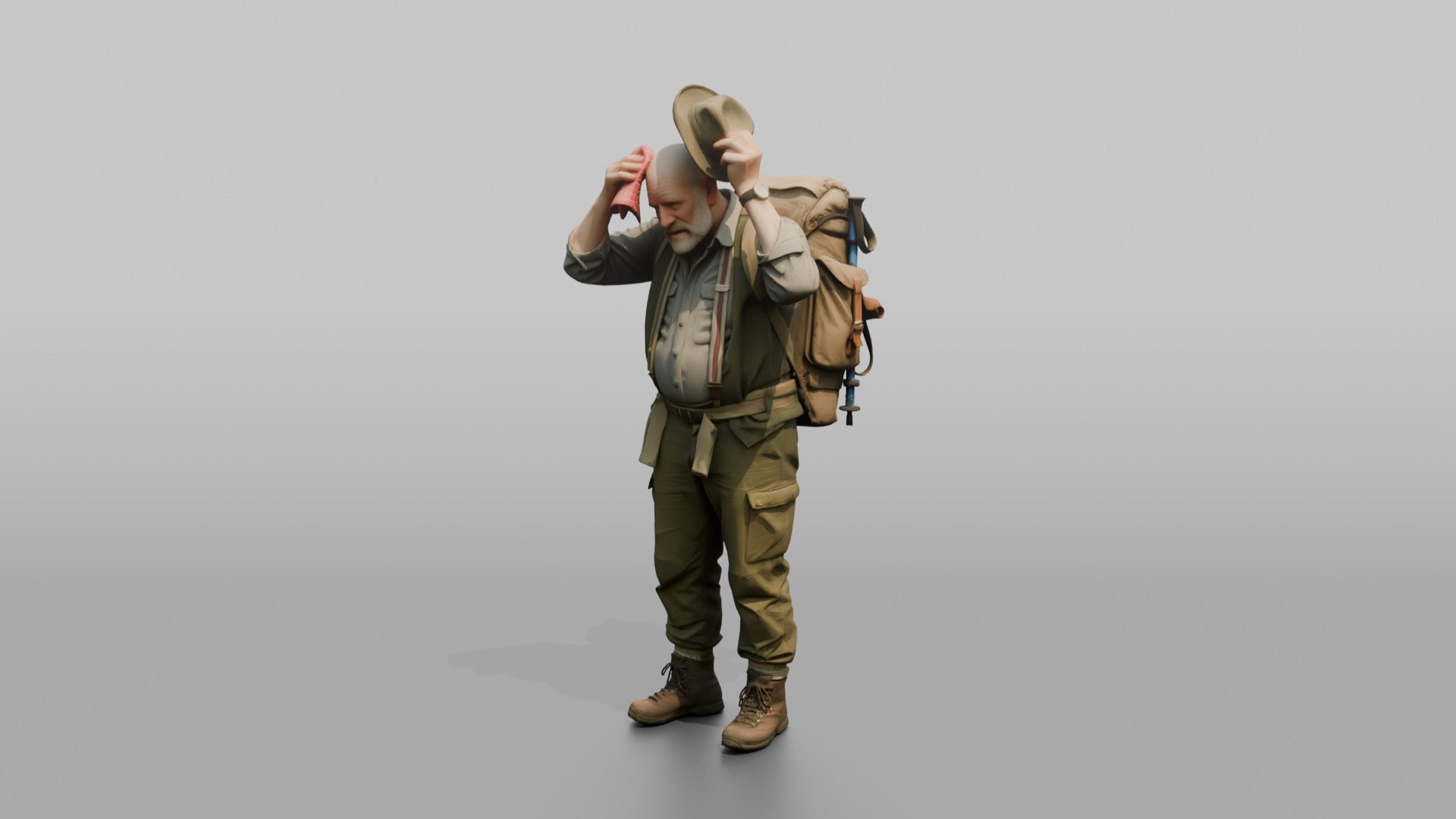 Hiker Wiping His Head with a Handkerchief