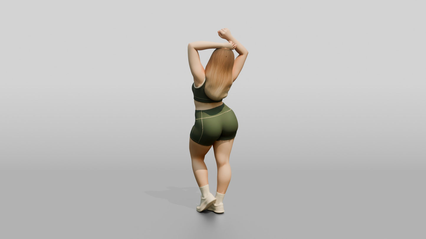 Curvy Woman in Olive Activewear Stretching Overhead