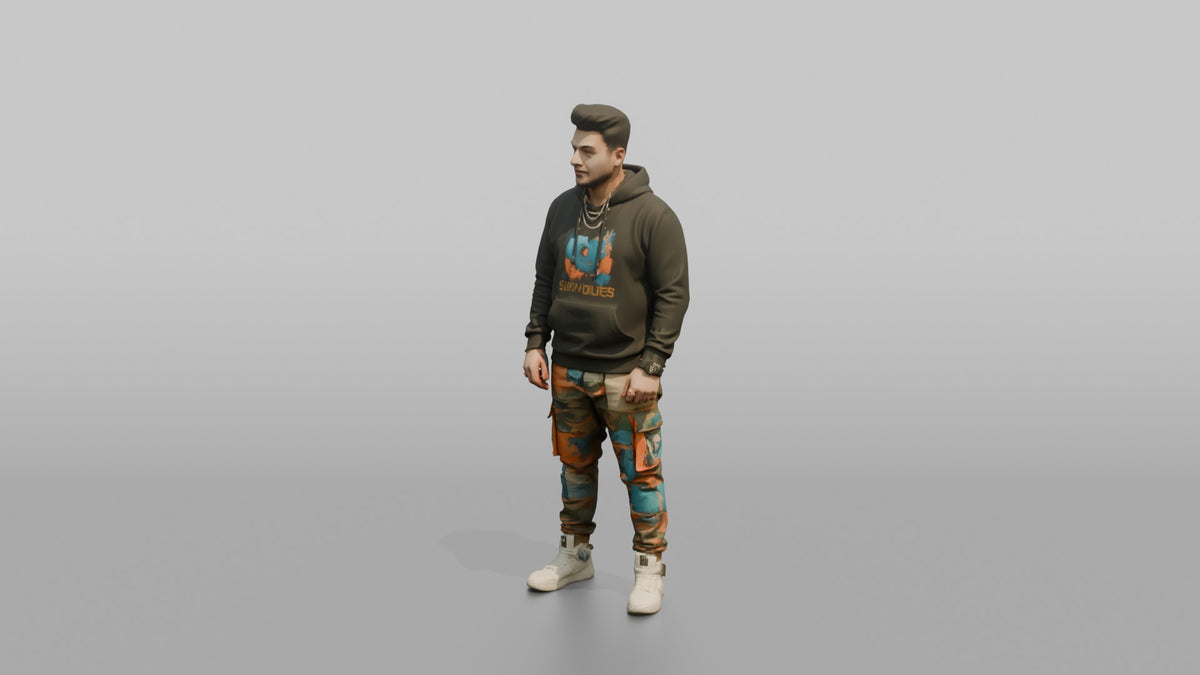 Patron Man Striking A Pose In Colorful Cargo Pants And A Graphic Hoodie - 3D character model, view 4