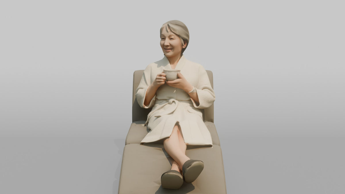 Spa Client Man Sitting On A Lounge Chair In A Robe, Holding A Cup Of Tea - 3D character model, view 5