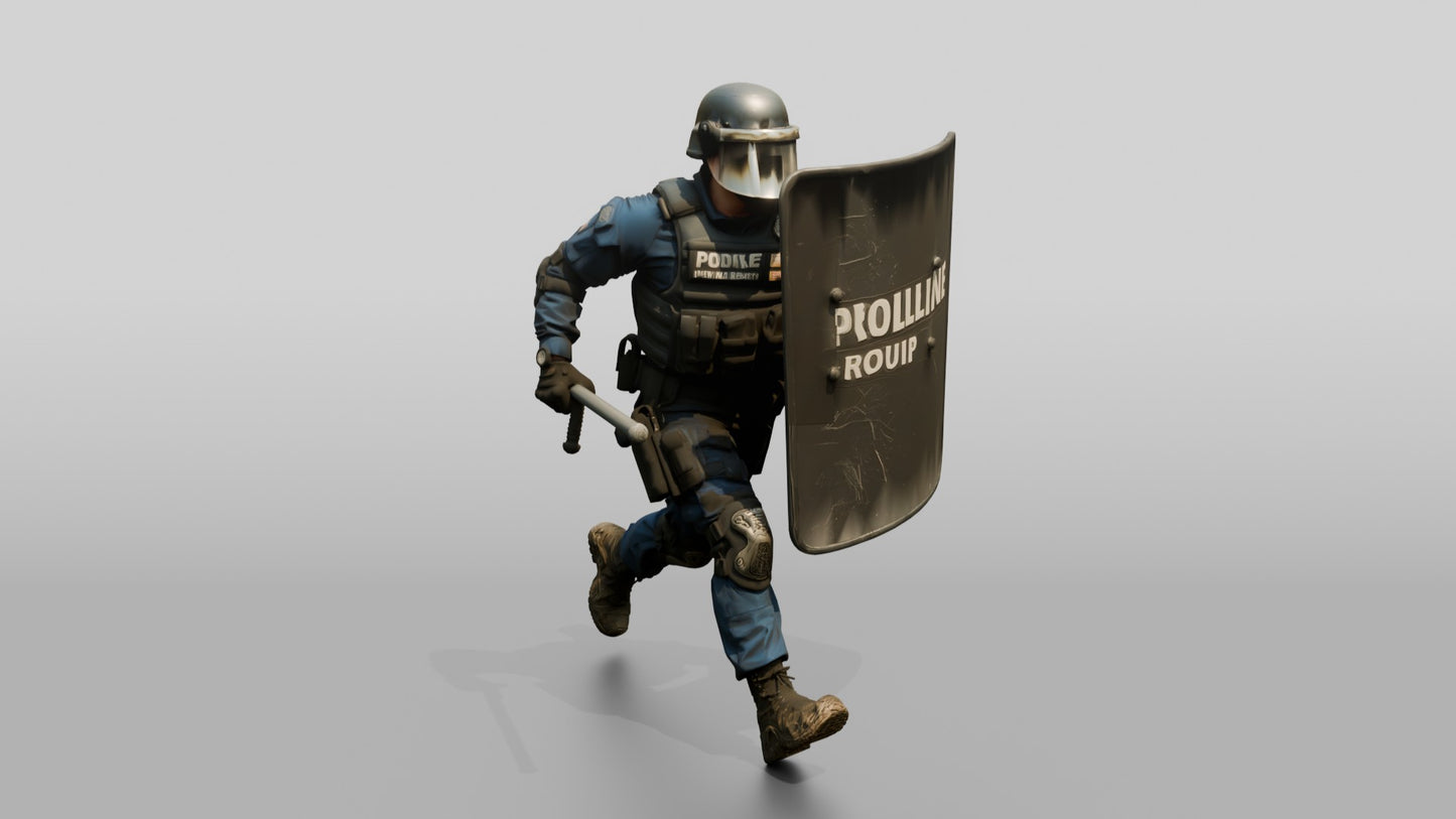 Riot Police Officers Running with Shields