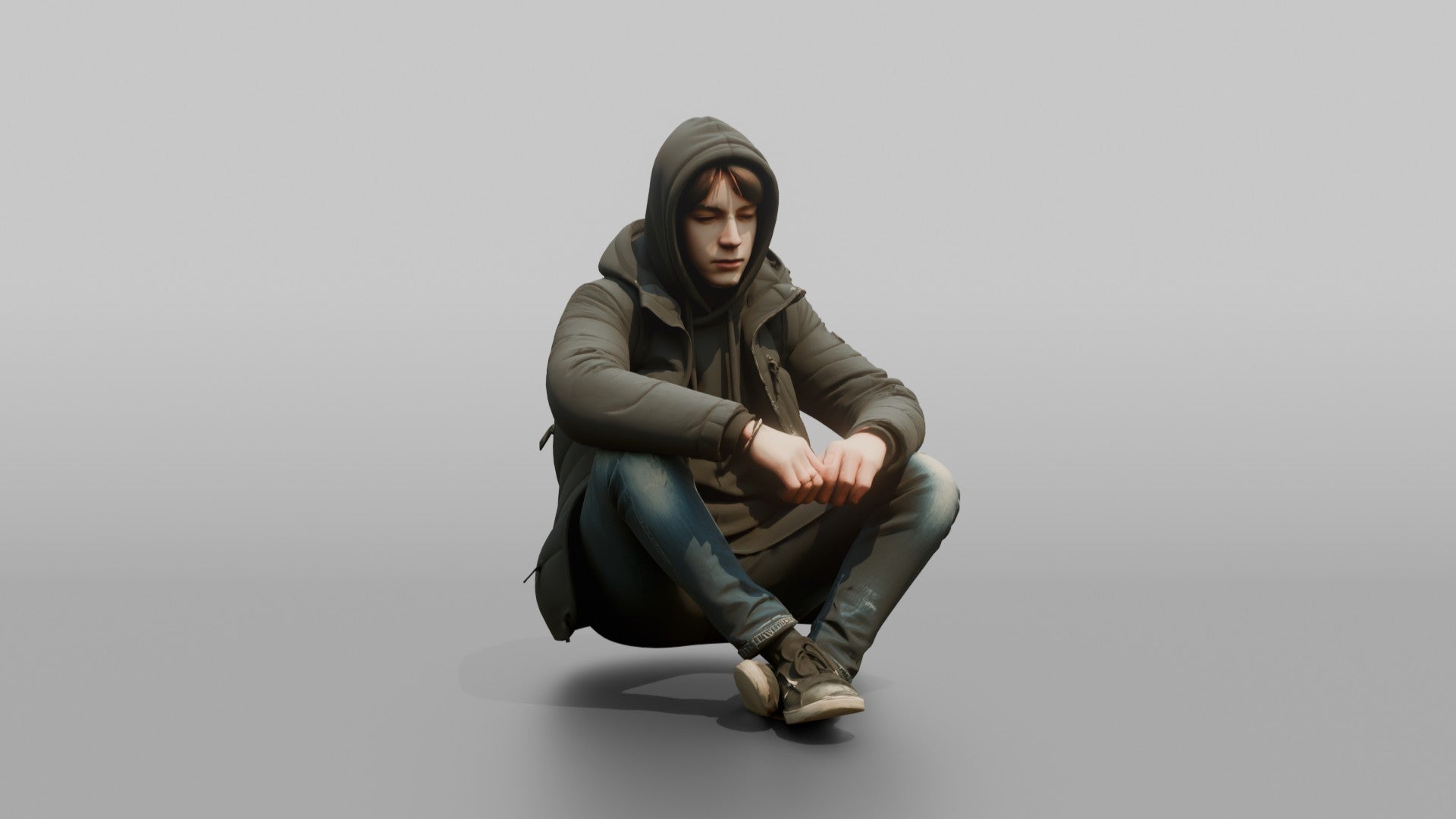Teenager Sitting on a Curb in a Puffer Jacket