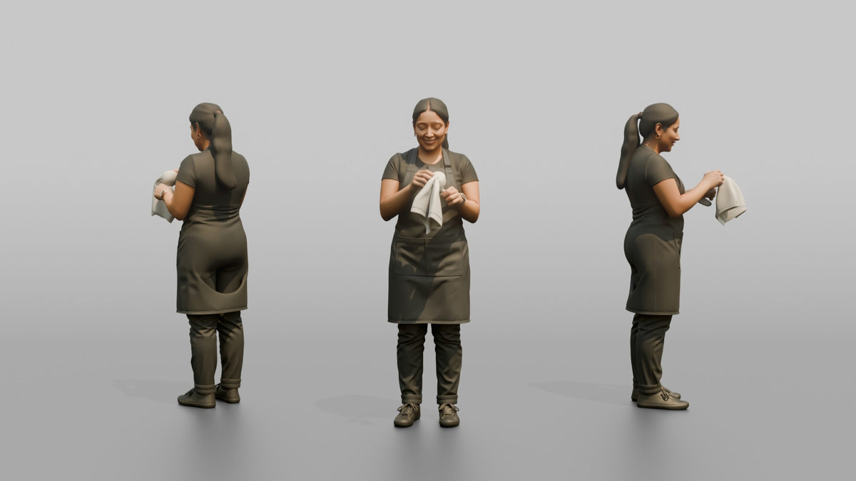 Bartender Woman Wiping A Cocktail Glass With A Bar Towel - 3D character model, view 1