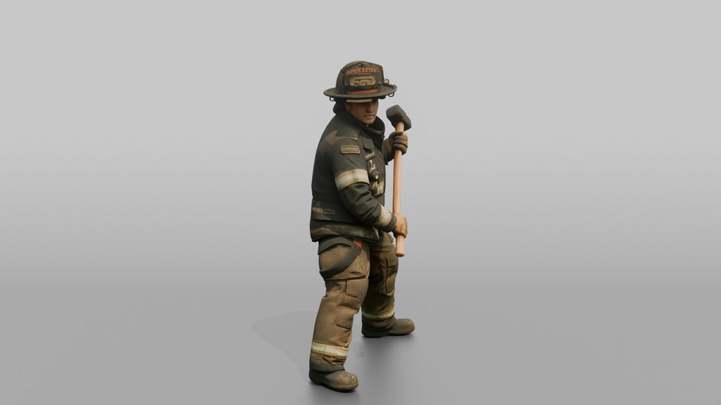 Firefighter Woman Standing in Dynamic Stance with a Sledgehammer