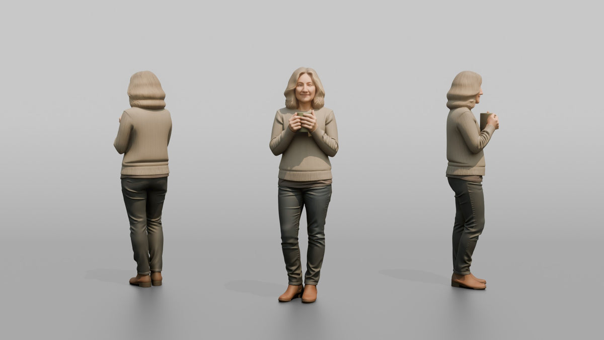 Mother Holding A Coffee Mug With Both Hands, Warming Them - 3D character model, view 1