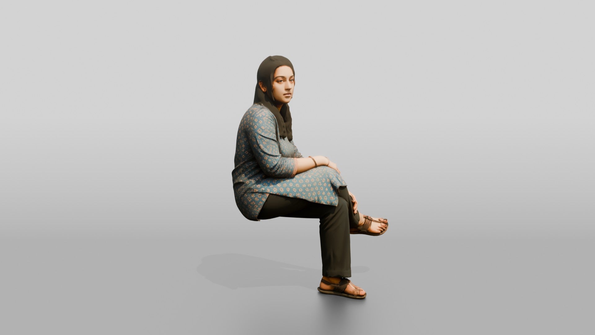 Homeless Woman Sitting with a Distant, Unfocused Gaze