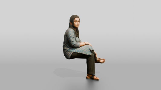 Homeless Woman Sitting with a Distant, Unfocused Gaze - 3D character model, view 1