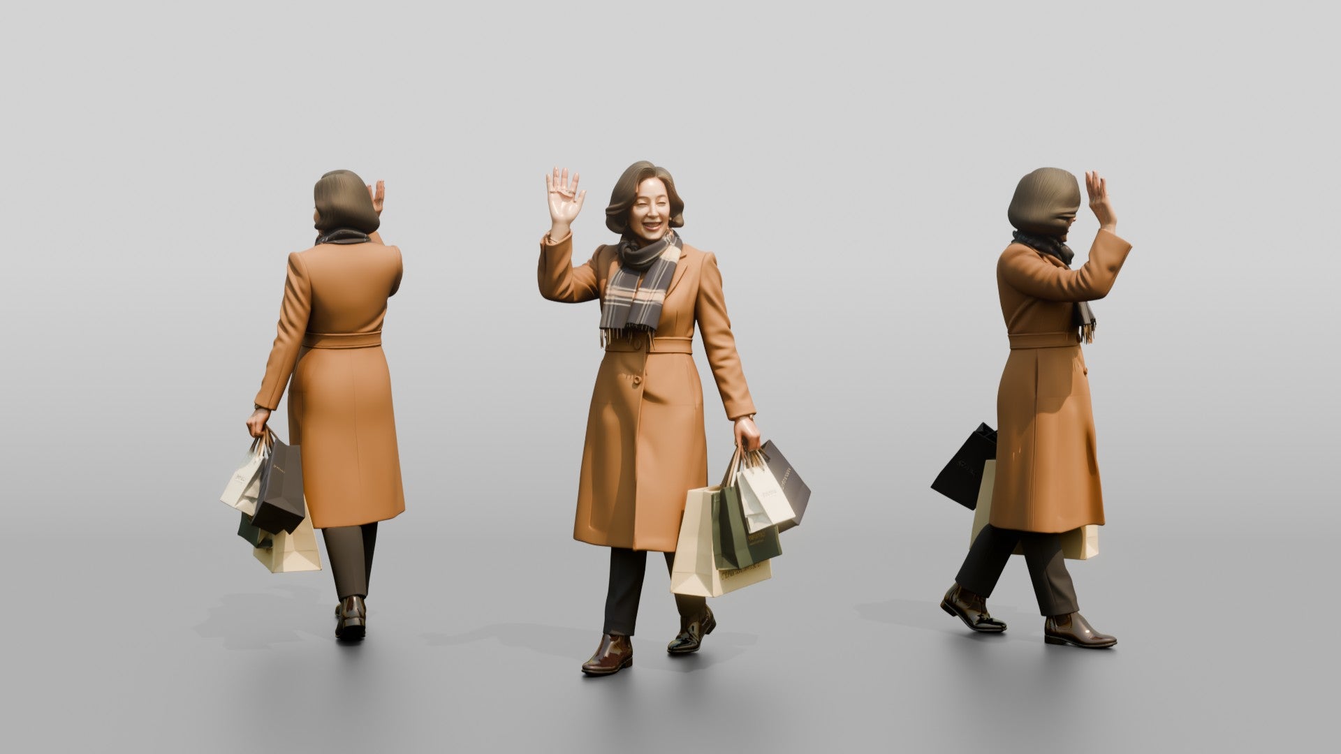 Woman Waving in Camel Wool Coat
