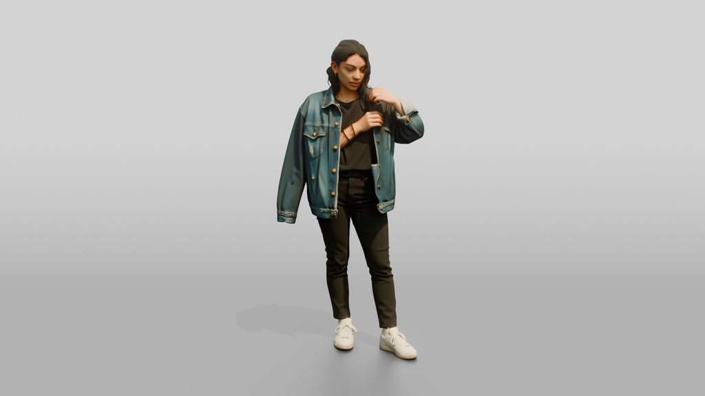 Homeless Woman Adjusting an Oversized Denim Jacket