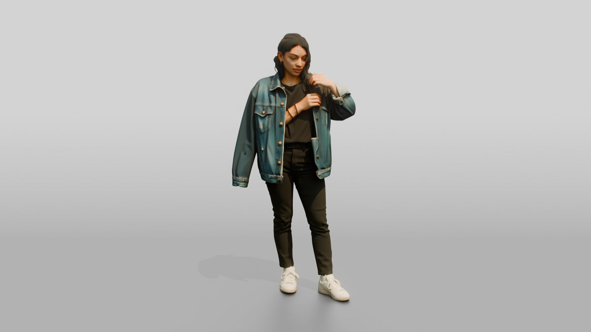 Homeless Woman Adjusting an Oversized Denim Jacket - 3D character model, view 5