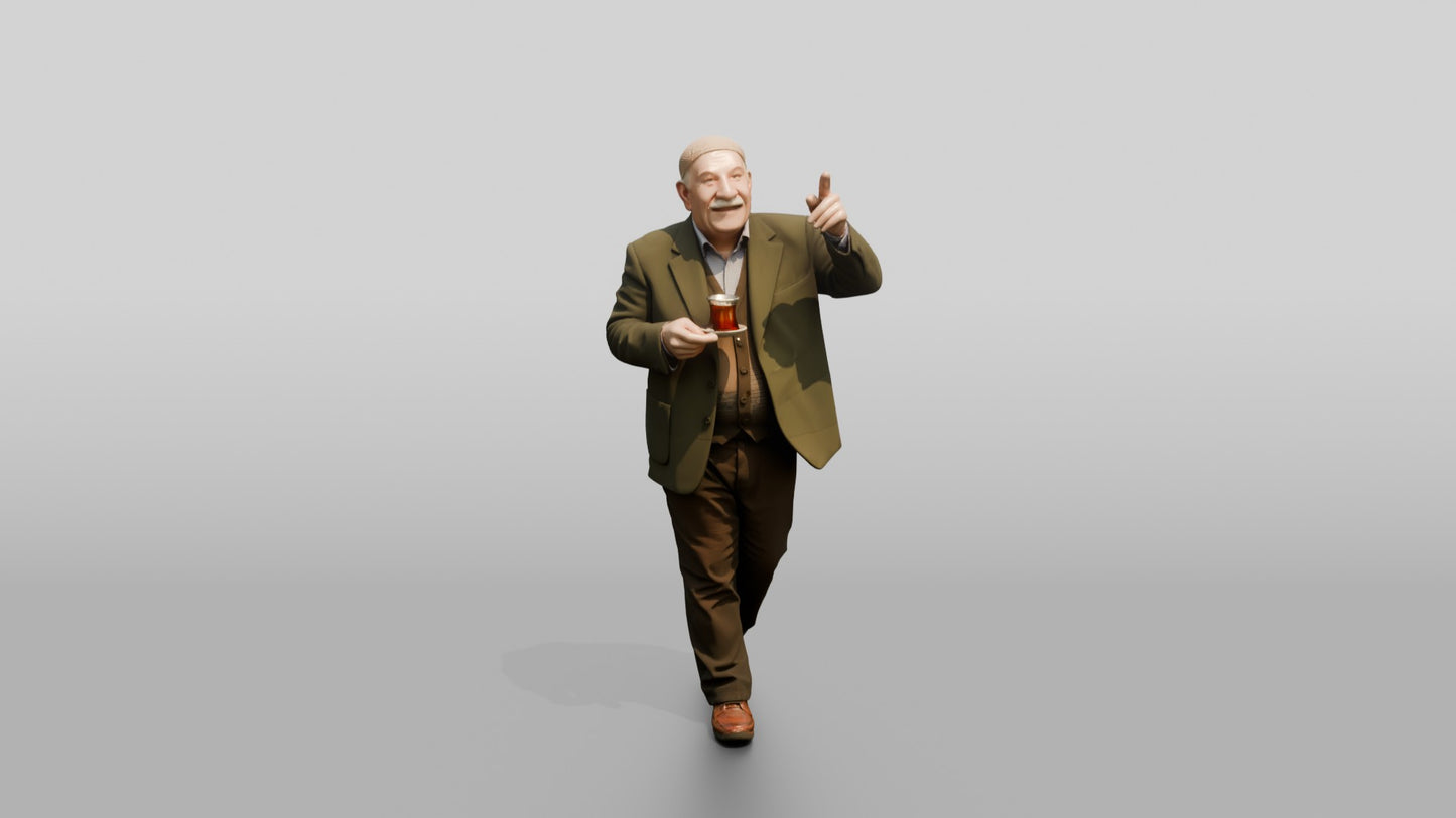 Elderly Man Pointing at Architecture with Tea