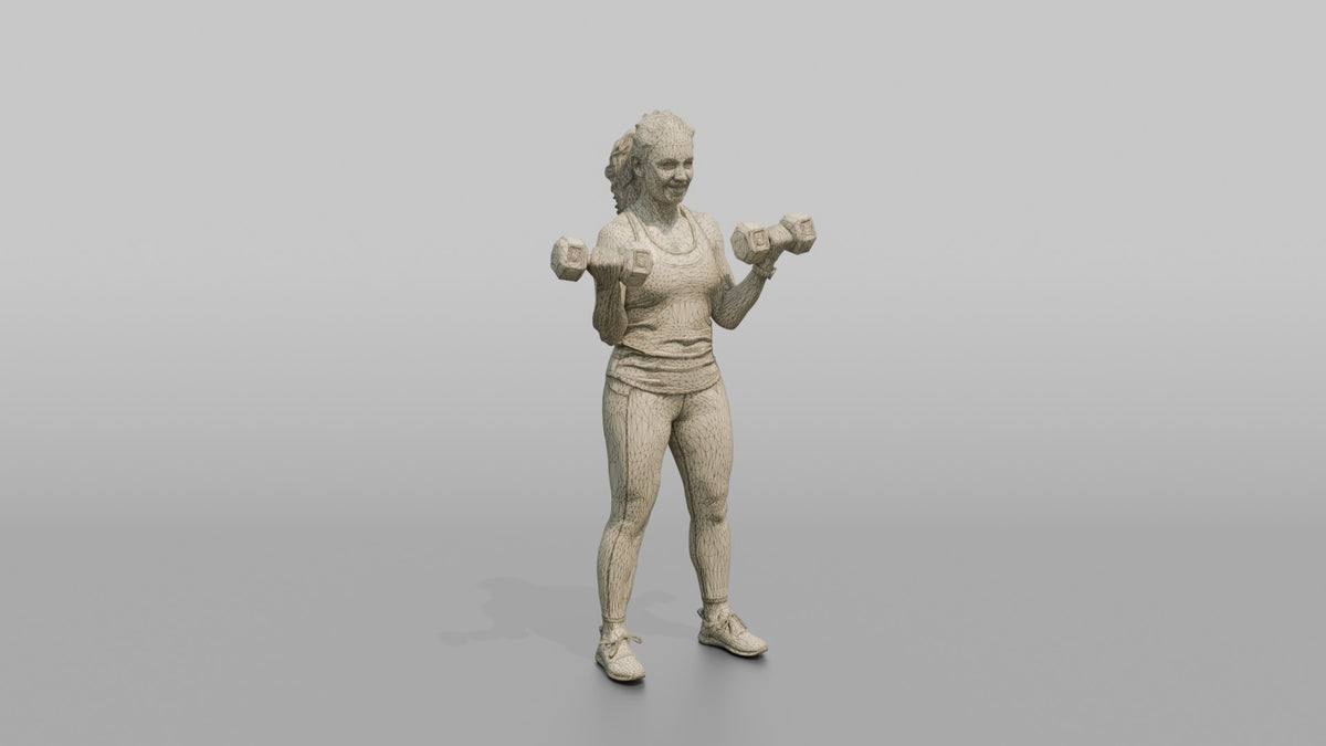 Weightlifter Woman Curling A Pair Of Dumbbells Simultaneously - wireframe topology preview