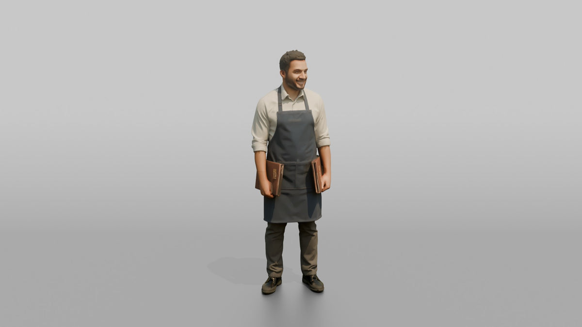 Host Man Holding Two Menus, One In Each Hand - 3D character model