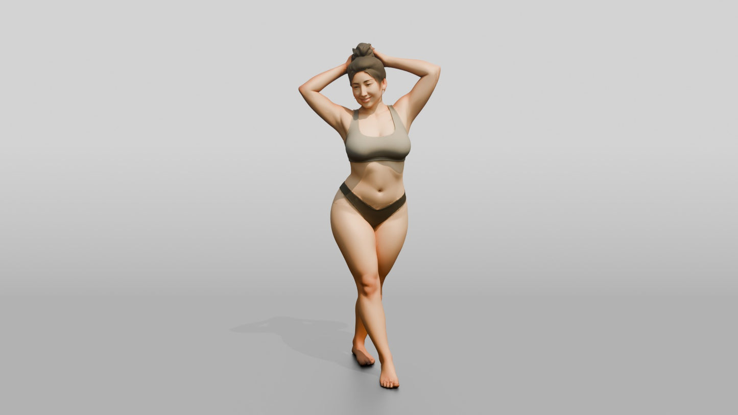 Curvy Woman in Olive Two-Piece Swimsuit Arms Raised
