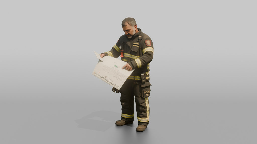 Firefighter Man Reviewing an Emergency Building Map