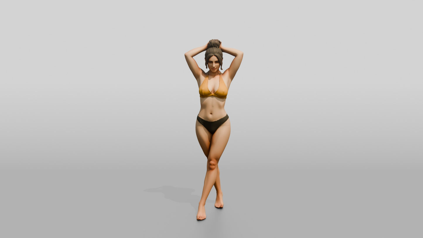 Curvy Woman in Yellow Two-Piece Swimsuit Arms Raised