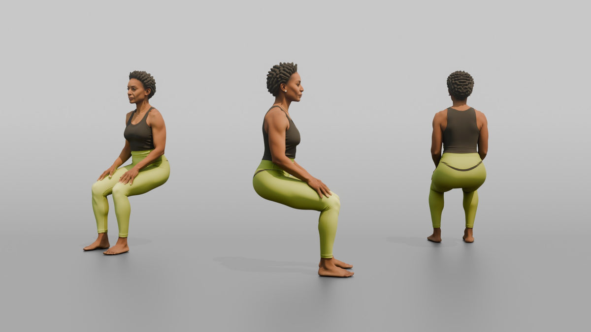Bodyweight Athlete Woman Holding A Wall-sit Position - 3D character model, view 1