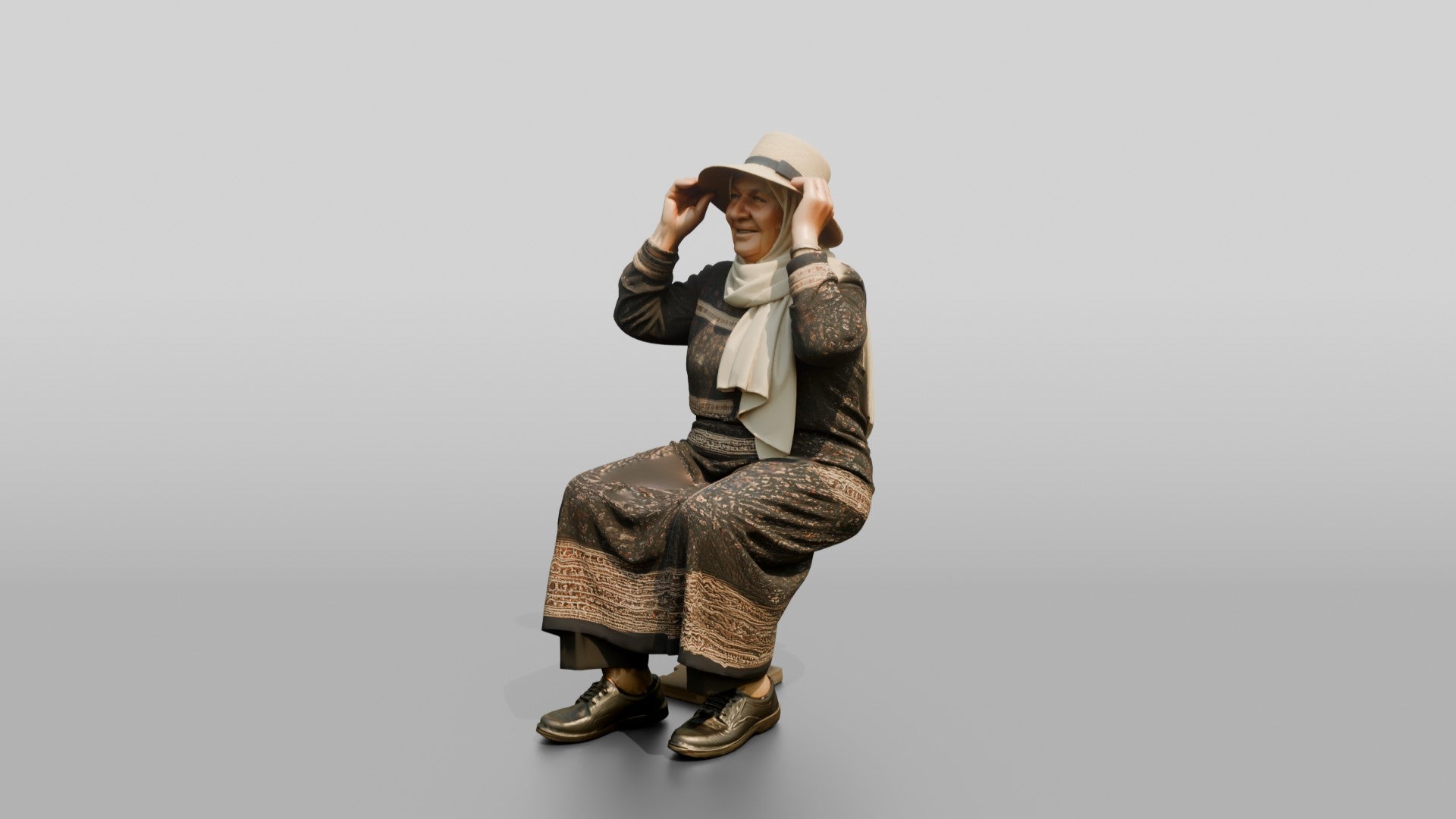 Stocky Elderly Syrian Woman in Hijab on a Bench