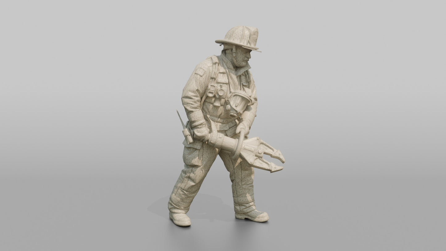 Firefighter Man Leaning Forward While Carrying Rescue Cutters