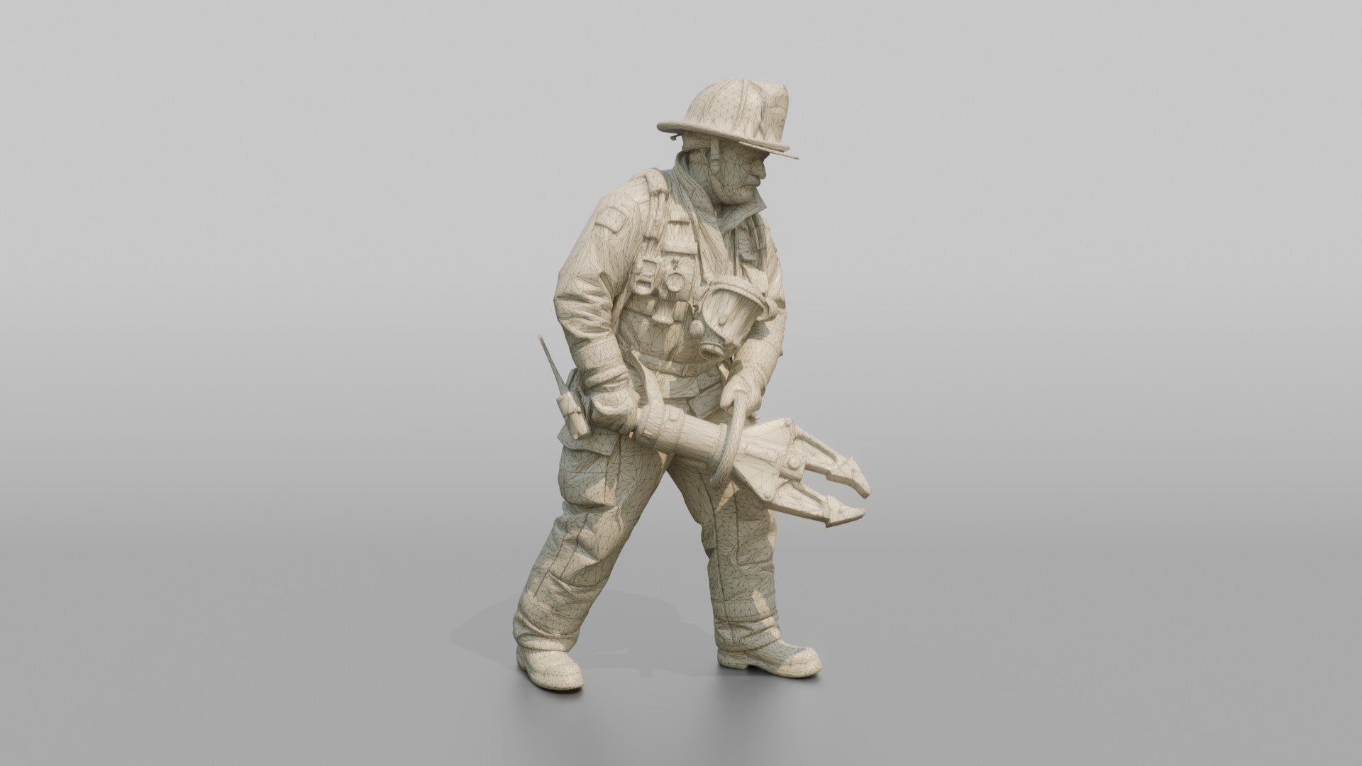 Firefighter Man Leaning Forward While Carrying Rescue Cutters