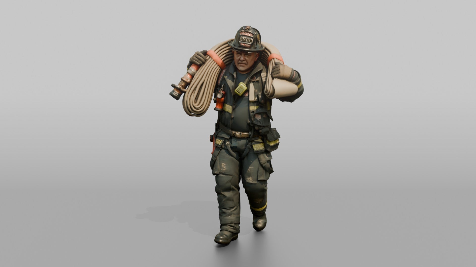 Firefighter Man Carrying a Hose Bundle on Both Shoulders
