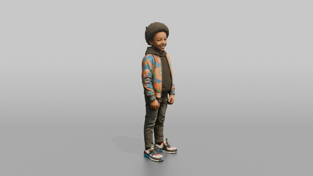 African Boy in Colorful Bomber Jacket and Sneakers