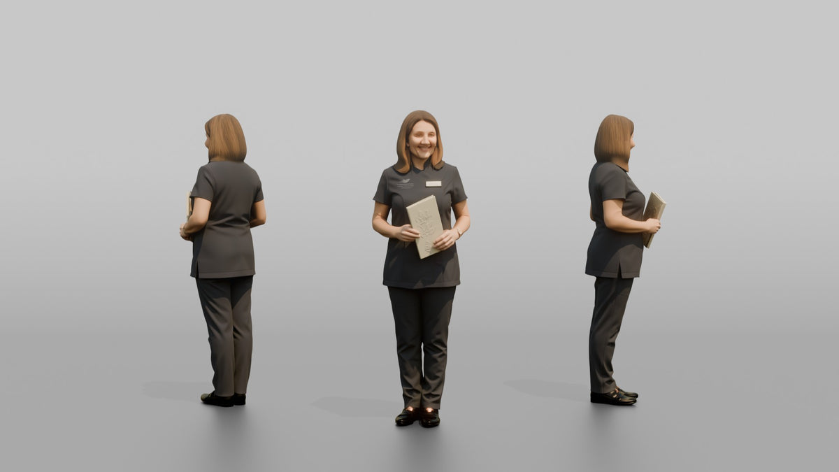 Spa Receptionist Man Holding A Folded Spa Menu - 3D character model, view 1