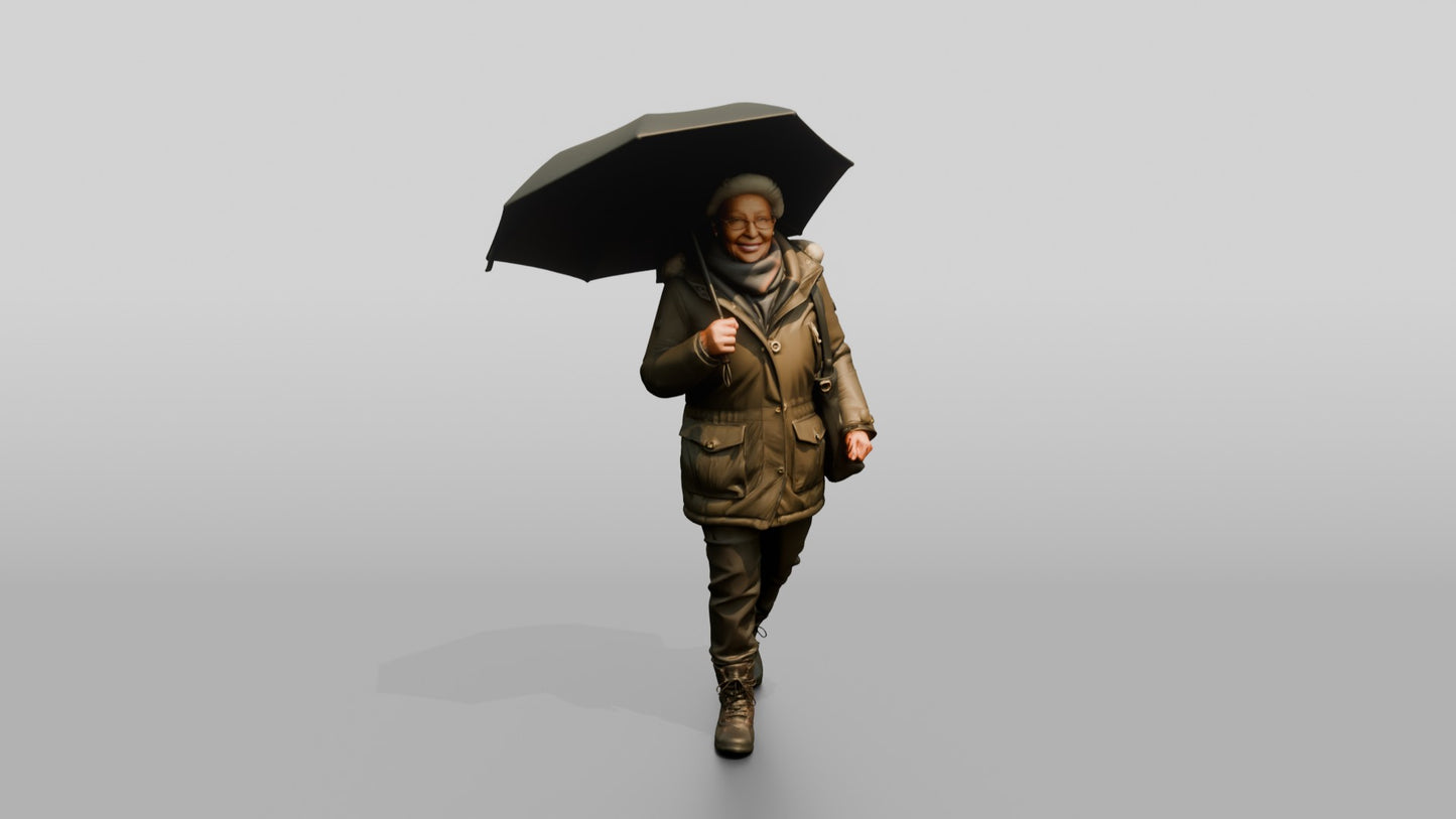 Elderly Black Woman in Heavy Coat with Umbrella