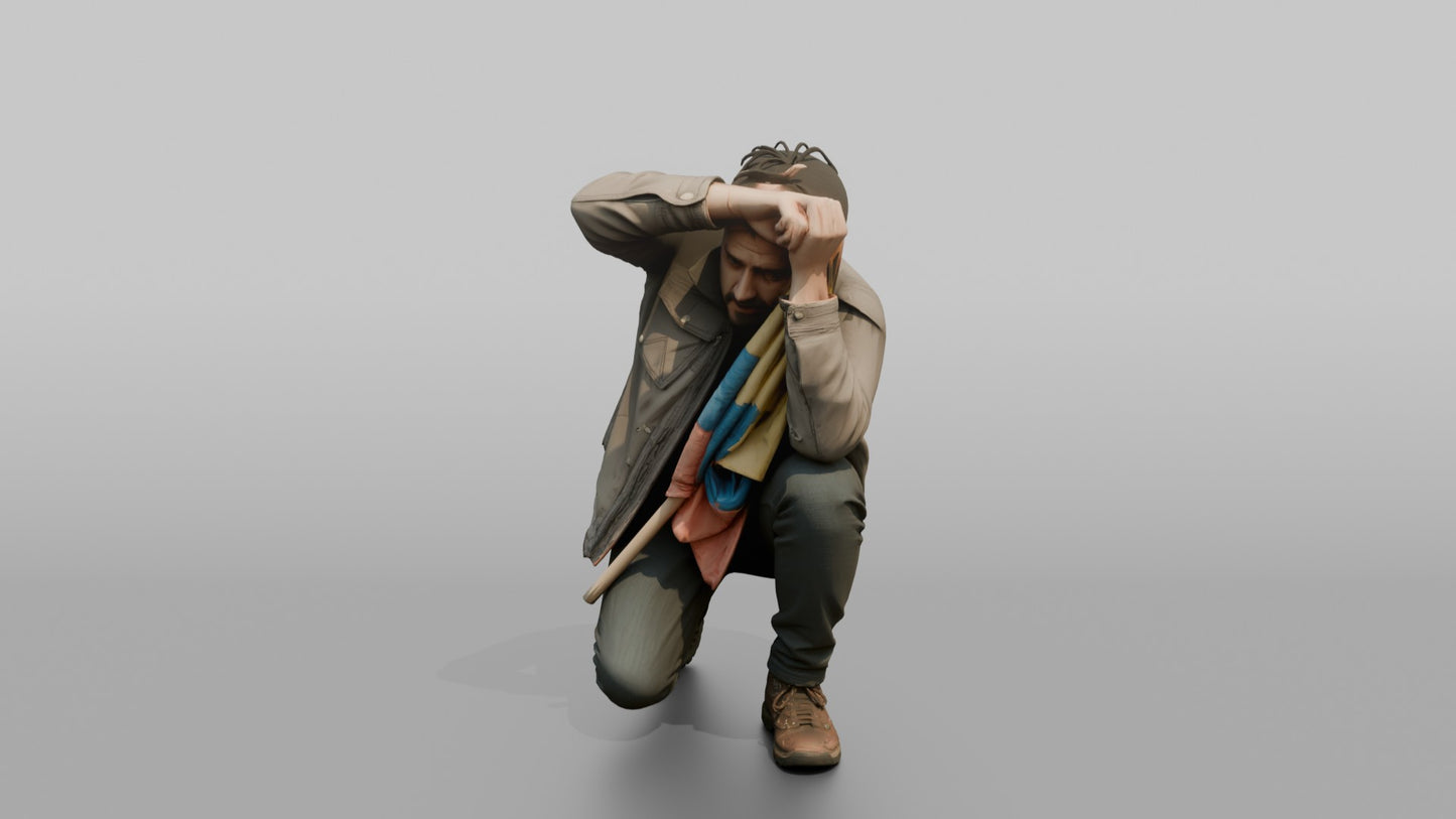 Protester Man Crouching with a Flag