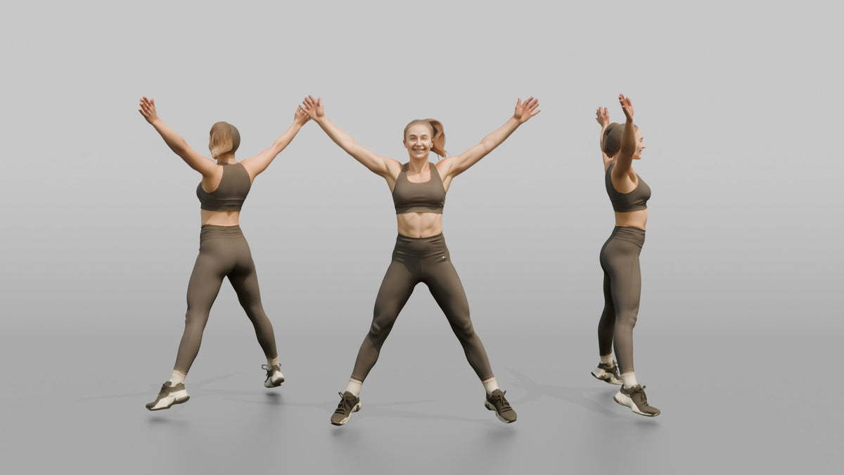 Cardio Athlete Woman Mid-jumping-jack, Arms Out To The Sides - 3D character model, view 1
