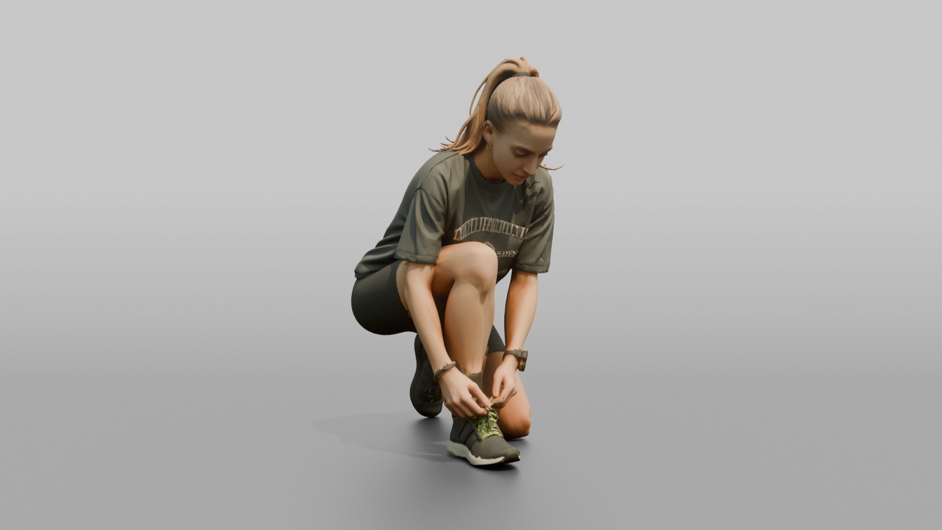 Woman Kneeling to Adjust Her Sneaker Laces
