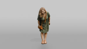 Scandinavian Woman Bending to Look in a Shop Window - 3D character model, view 1