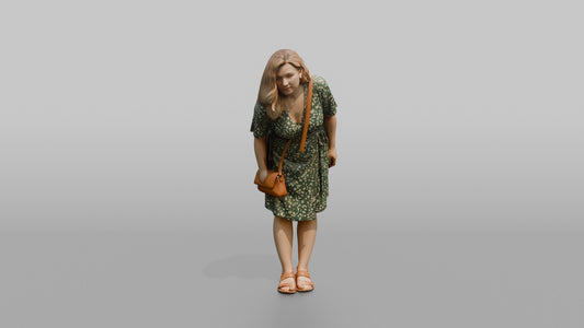 Scandinavian Woman Bending to Look in a Shop Window - 3D character model, view 1