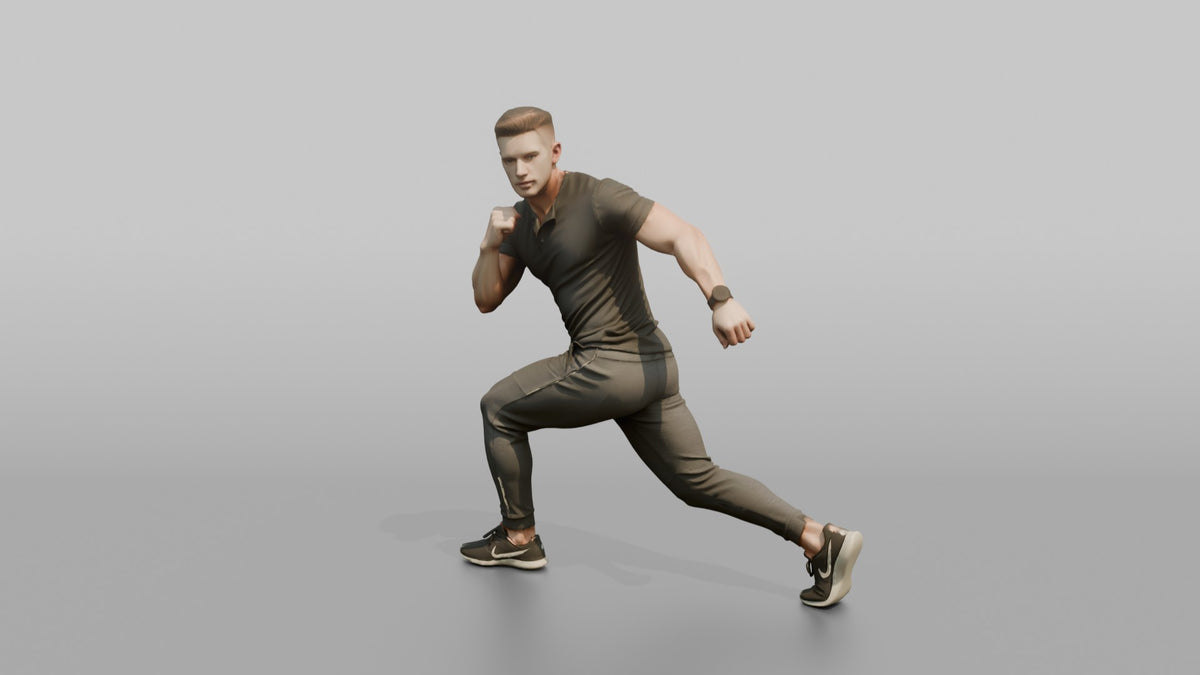 Fitness Influencer Man Mid Lunge, Twisting Slightly - 3D character model, view 4