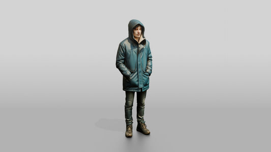 White Man Sheltering in Blue Parka - 3D character model, view 1