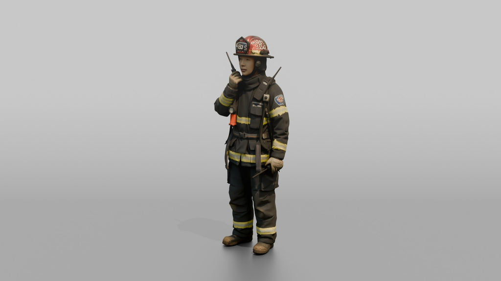 Firefighter Woman Speaking Into a Shoulder Walkie-talkie