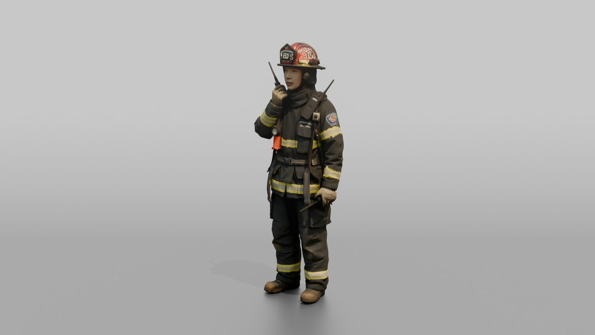 Firefighter Woman Speaking Into a Shoulder Walkie-talkie - 3D character model, view 4