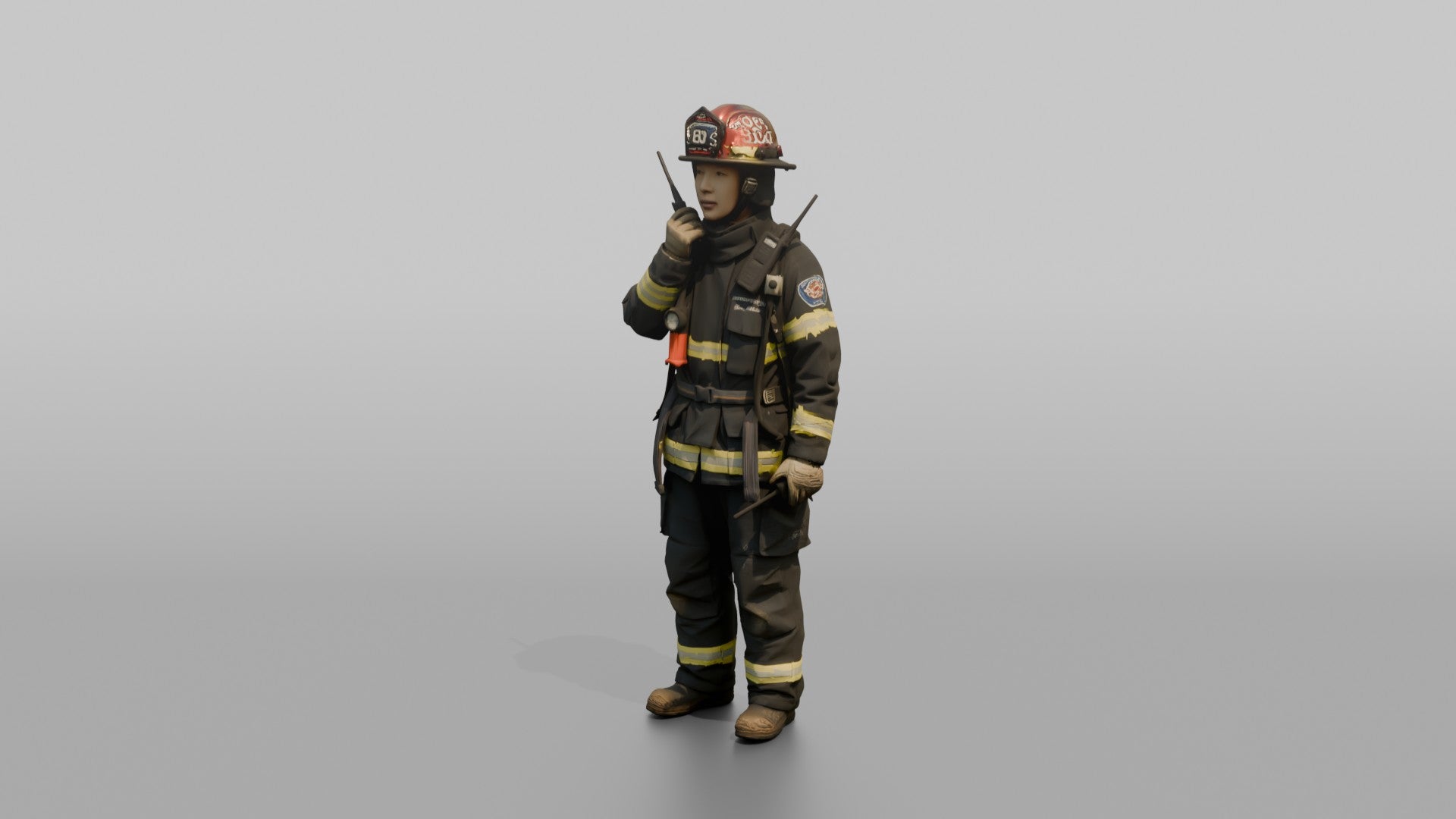 Firefighter Woman Speaking Into a Shoulder Walkie-talkie