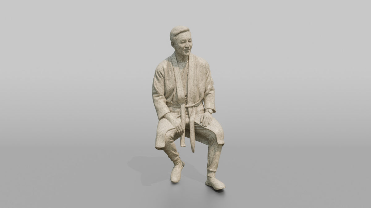 Spa Client Woman Sitting On A Stool Getting Ready, Robe Half-tied - wireframe topology preview