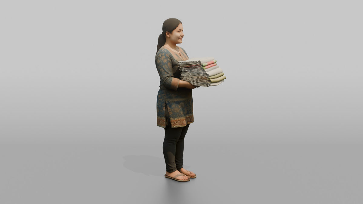 Mother Carrying A Stack Of Clean Folded Laundry - 3D character model, view 2