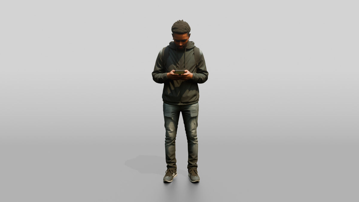 Black Man Texting in Black Windbreaker - 3D character model, view 5