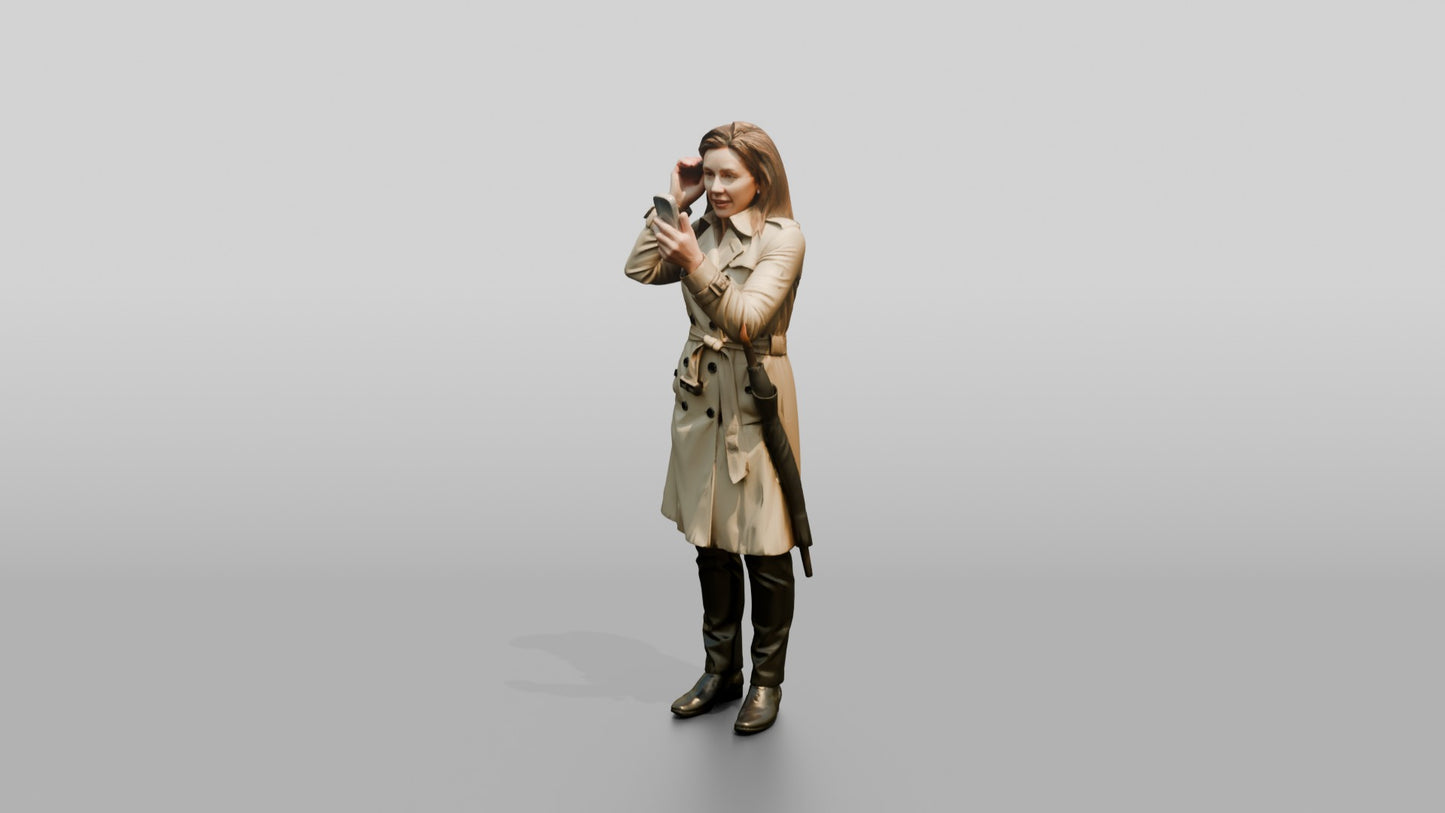 White Woman in Trench Coat Fixing Her Hair