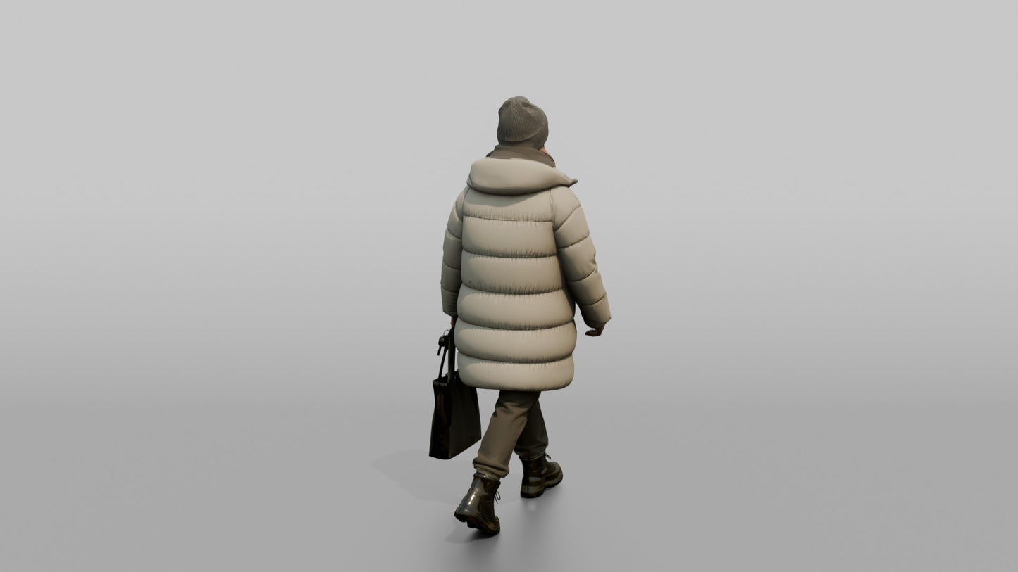 Scandinavian Woman Walking in an Oversized Puffer Coat