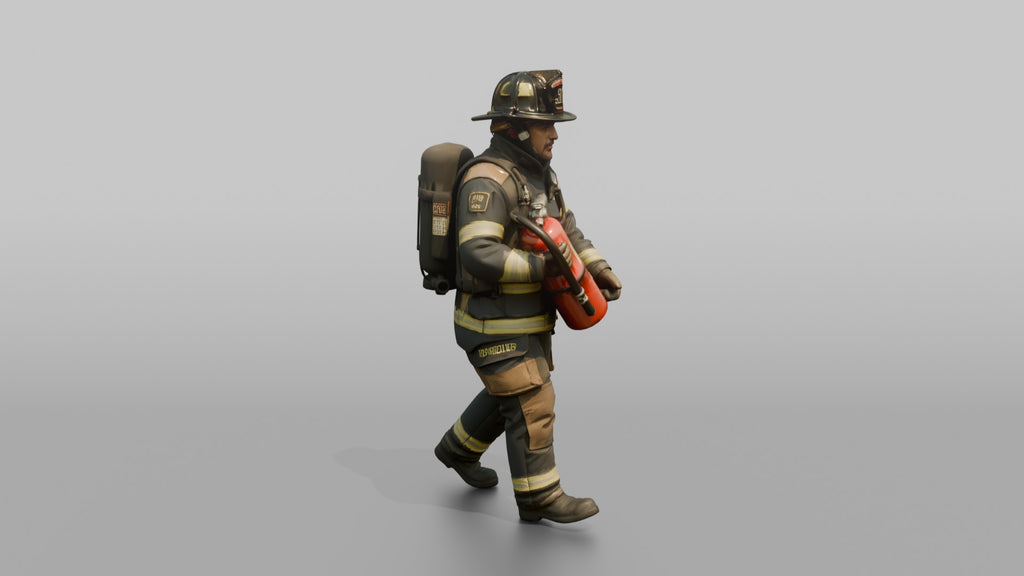 Firefighter Man Carrying a Heavy Foam Fire Extinguisher