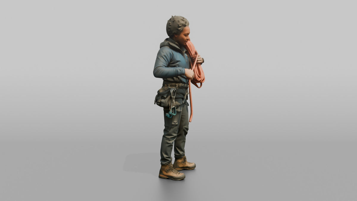 Climber Coiling a Rope Over Her Shoulder - 3D character model, view 2
